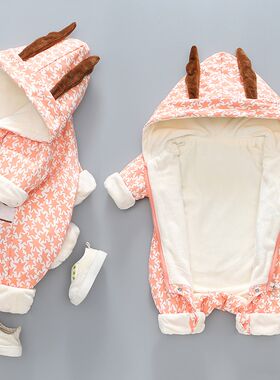 男女宝宝春秋双层加绒连体衣0-1岁卡通婴儿薄绒外出爬服早春外套9