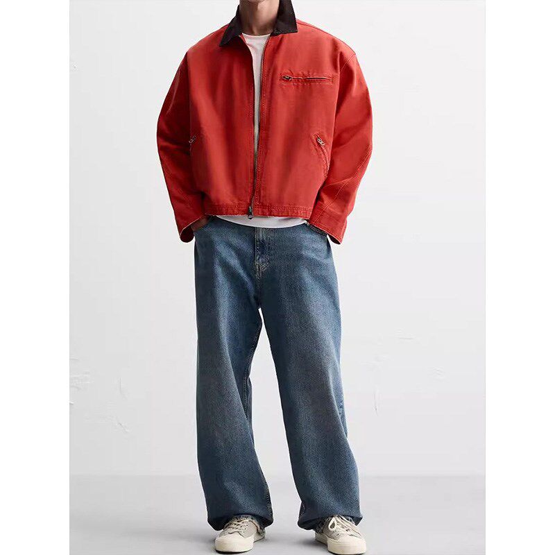 柜529!24秋冬季男装美式休闲翻领撞色水洗夹克工装外套厚6987402