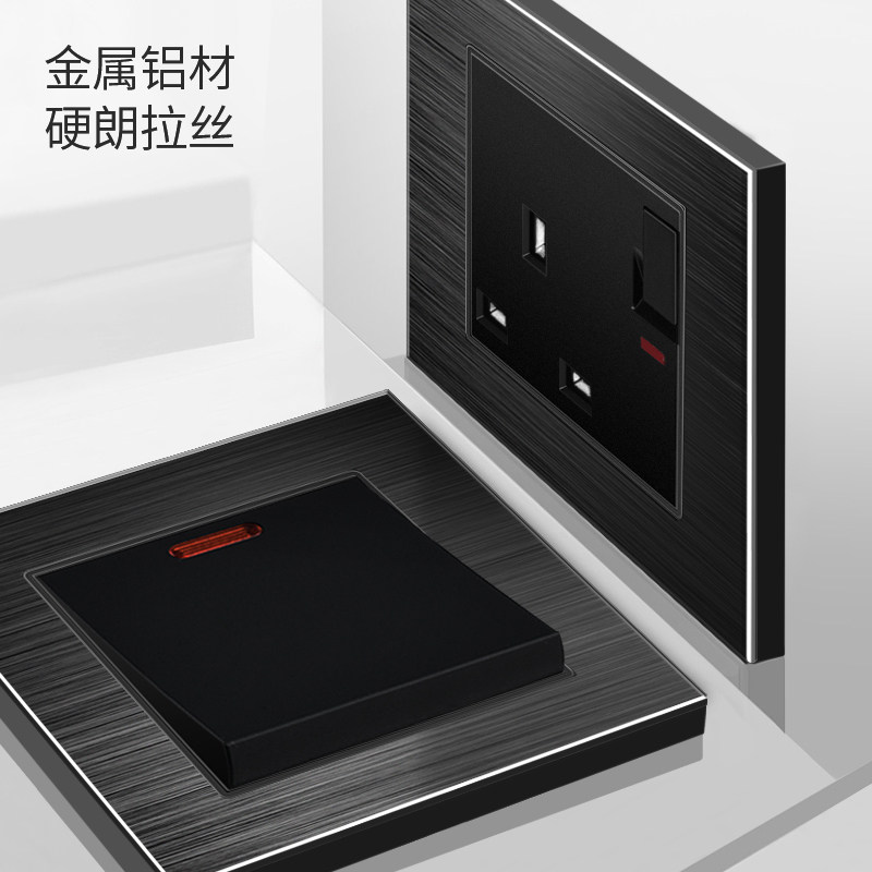 13A开关插座面板带USB电制灯掣不锈钢铝板拉丝黑色插苏冷气热水炉,电子/电工,开关插座套装,淘宝优惠券,粉丝福利购,淘宝优惠卷