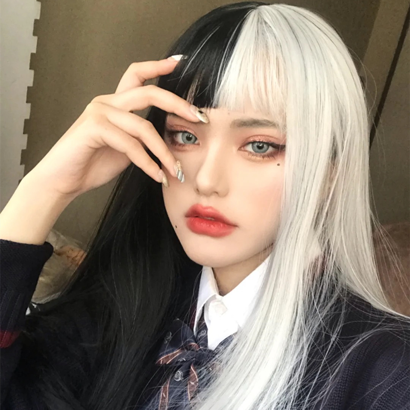 阴阳色假发女长发万圣节cos动漫新式发套个性拼色lolita两色假毛