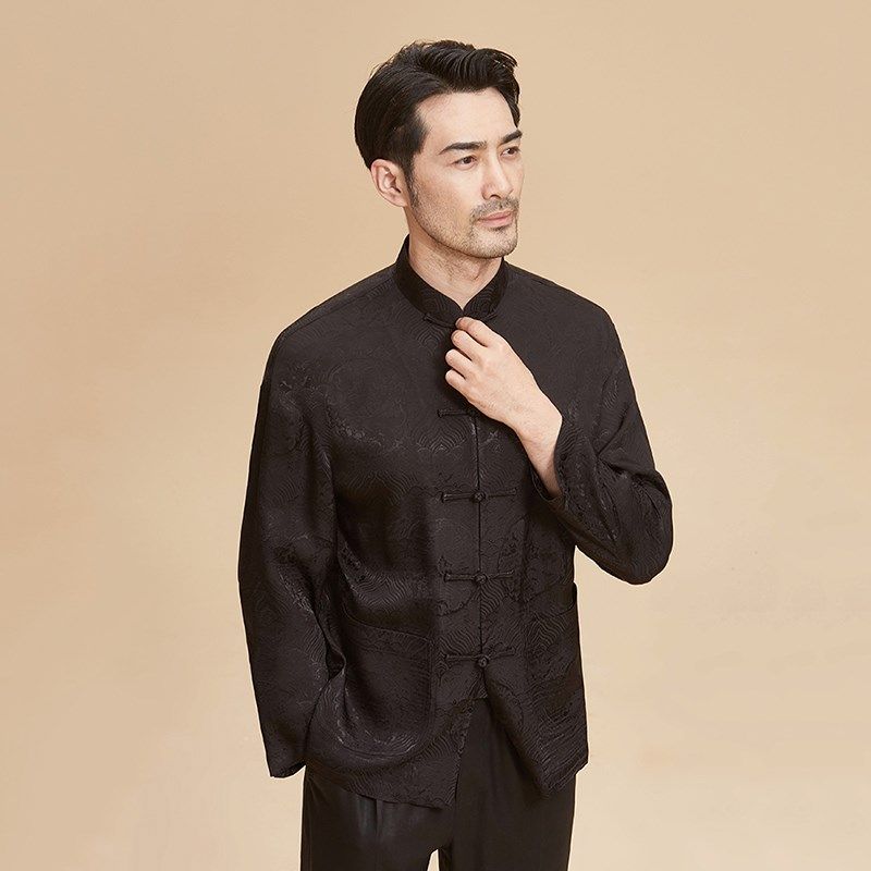 唐装男春秋季长袖衬衫中式盘扣立领爸爸装中老年国风复古休闲上衣,男装,唐装,淘宝优惠券,粉丝福利购,淘宝优惠卷