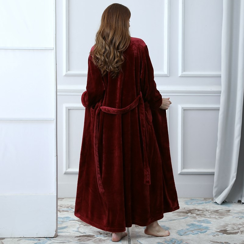 睡袍女士秋冬季加长款保暖法兰绒长袍春秋红色男士睡衣珊瑚绒浴袍