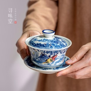 满彩青花三才盖碗国画山水复古茶碗竹林七贤釉下彩陶瓷功夫茶具