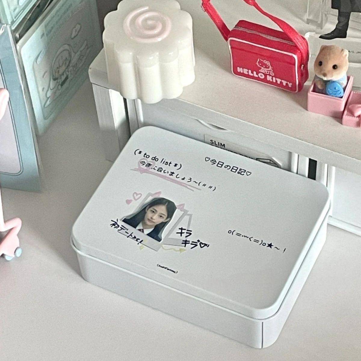 少女心猫耳相框ins韩系温馨奶油风铁盒贴纸收纳盒翻盖小卡收纳盒