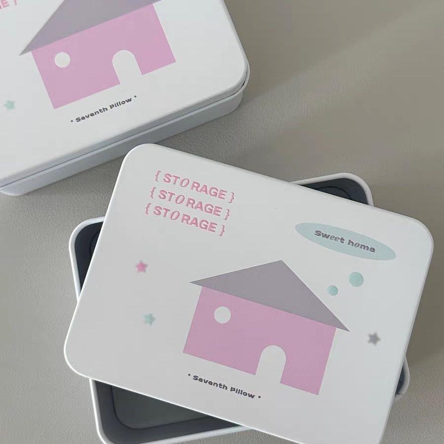 ins韩系粉色房子12*9*4cm铁盒桌面整理小卡卡膜套手帐素材收纳盒