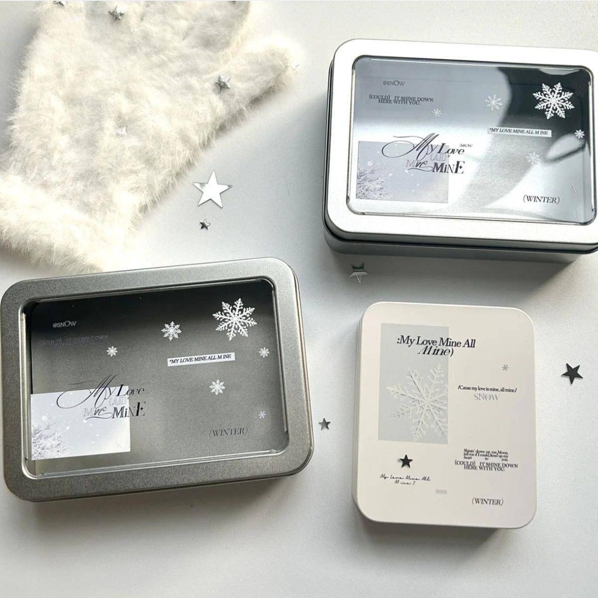 ins风冬日雪花铁盒高颜值照片磨砂展示吧唧银色小卡收纳盒翻盖