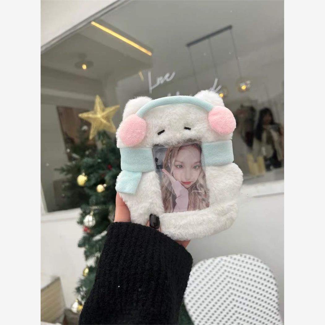 可爱卡通耳罩猫咪毛绒卡套3寸拍立得爱豆小卡校园卡饭卡收纳挂件