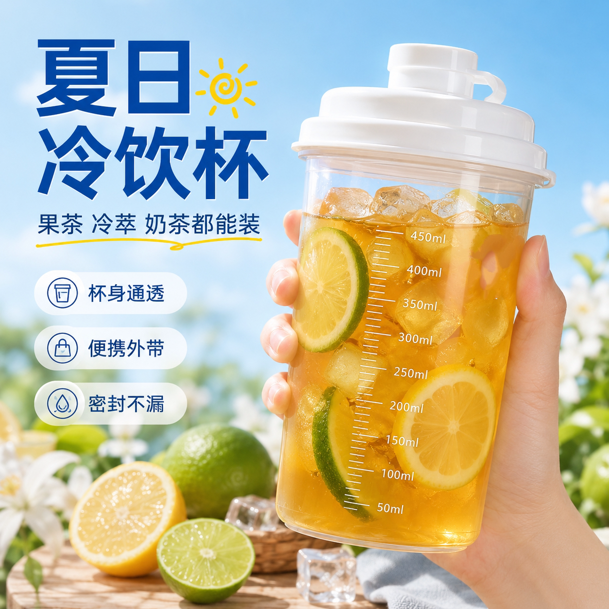 便携式夏日冷饮杯带刻度透明冷饮杯奶茶果茶冷萃杯便携外带450ml