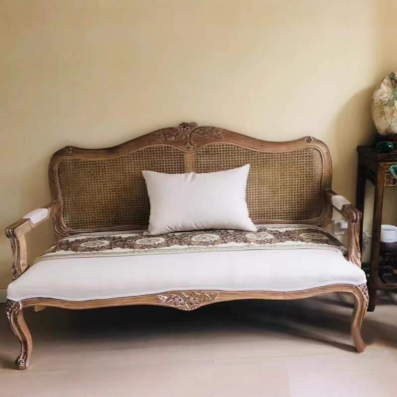 美式乡村实木雕花法式藤编金色做旧双人三人沙发影楼摄影民宿沙发