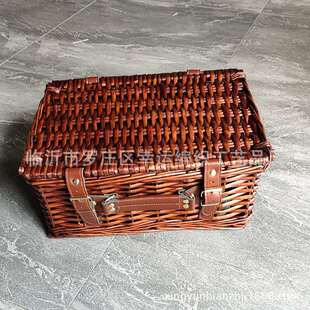 临沂草柳编织空野餐篮便携柳编皮革提手蔬菜水果食篮带盖子礼