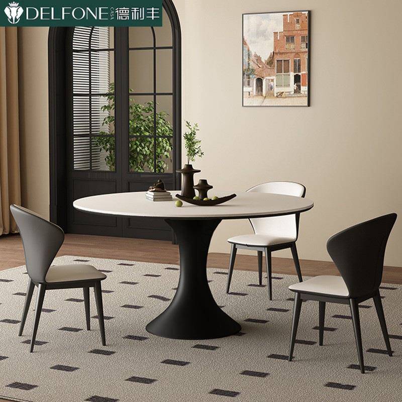 法式复古圆形德利丰岩板餐桌意式极简小户型家用现代简约圆桌转盘