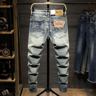 2023年春夏季欧美风破洞牛仔裤男复古做旧水洗弹力修身小脚长裤子