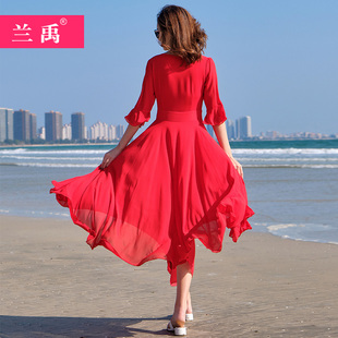 三亚红色沙滩裙短袖 连衣裙波西米亚长裙巴厘岛海边度假裙子女 长款