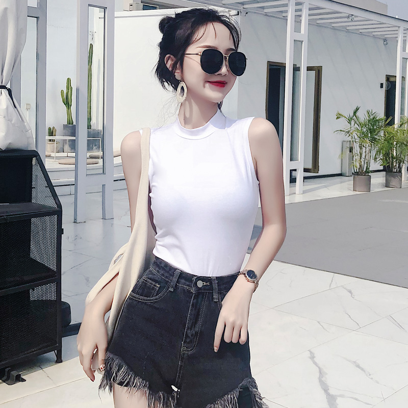 小半高领无袖背心女外穿砍袖纯棉打底衫中领紧身白色T恤内搭上衣