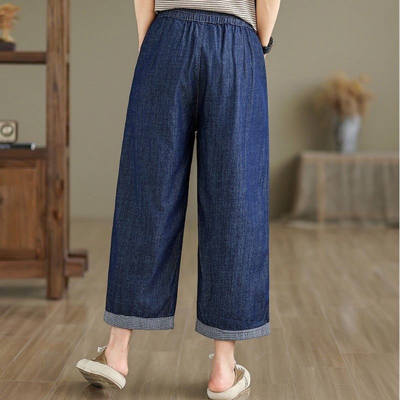 女大童牛仔阔腿裤夏季薄款休闲裤初中小学生高中生宽松8分直筒裤