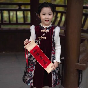 新款中国风女童红色背心裙子2025秋冬儿童马甲小女孩旗袍拜年礼服