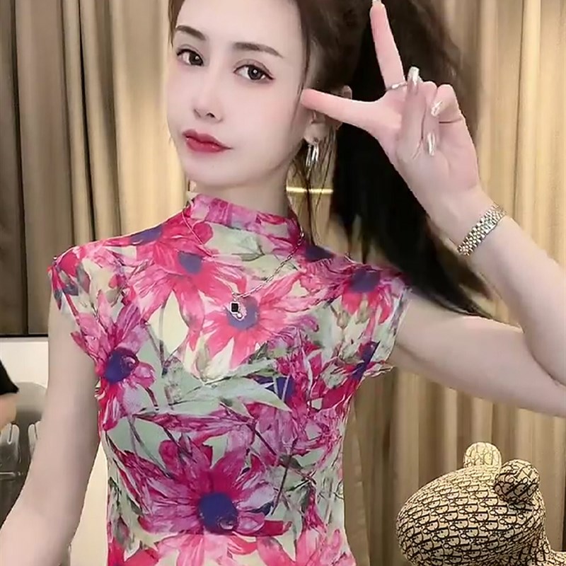 洋气晕染花色微透半高领短袖T恤女2023夏季新款百搭修身显瘦上衣t