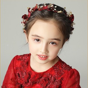 女童红色汉服头饰演出礼服发箍儿童珍珠发饰配饰公主走秀花环喜庆