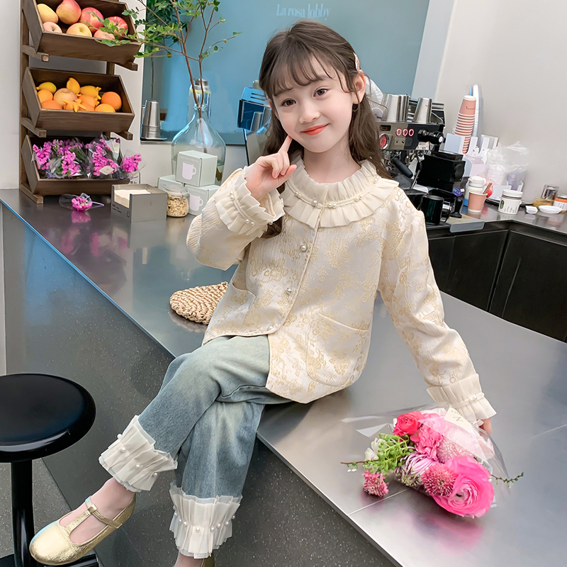 女童春装2024新款套装儿童牛仔裤网红洋气中式女孩春秋国风两件套