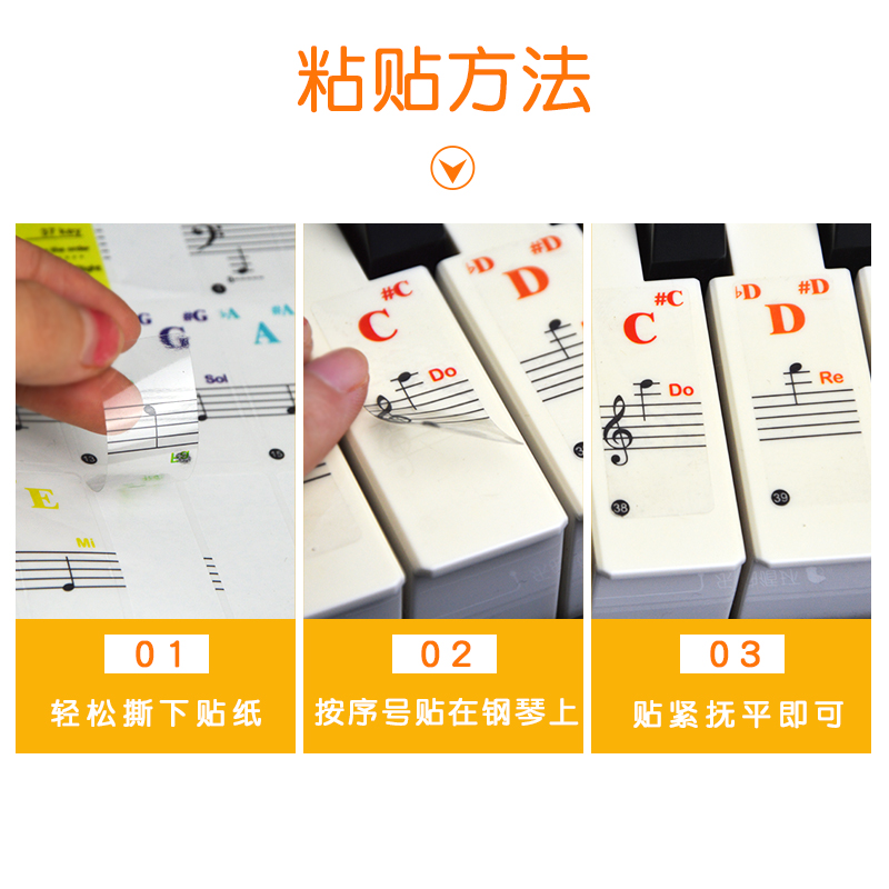 五线谱自学钢琴键盘贴纸透明贴膜电子琴手风琴37彩色61辅助88配件
