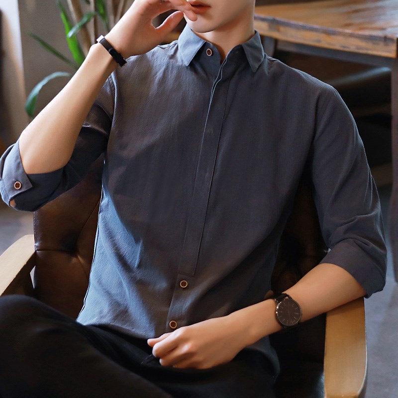 夏季男式宽松衬衫休闲内衬透气男青年七分袖薄款夏天翻领纯棉衬衣
