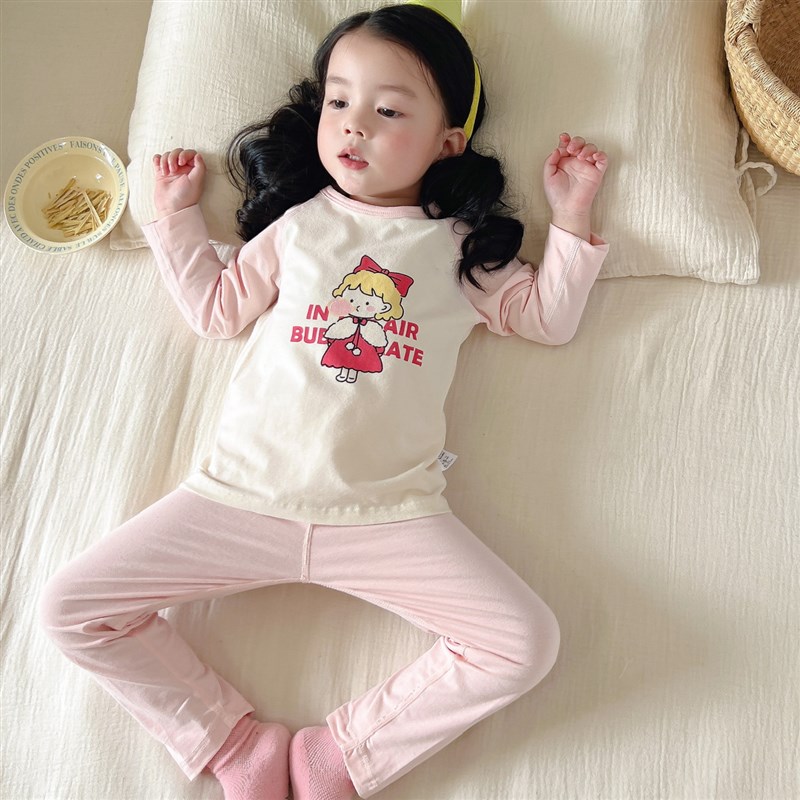 女童可爱纯棉无痕家居服春秋儿童全棉A类圆领睡衣睡裤男童套装