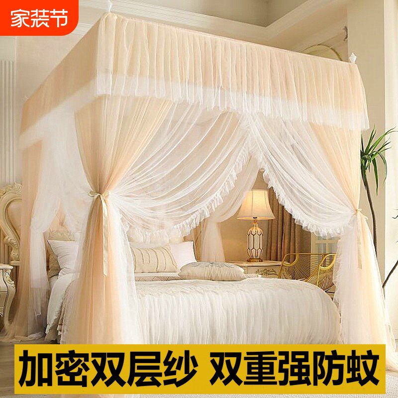 落地双层纱蚊帐2025新款家用卧室公主风三开门加厚加密宫廷纹帐子