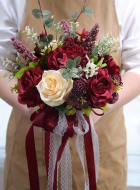 永恒天使 944 新娘婚礼花束 韩式仿真玫瑰花 红色复古拍照道具