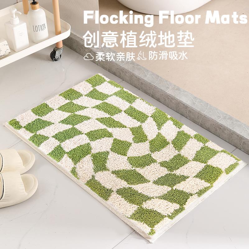 新款简约棋盘格浴室防滑垫 卫生间厕所吸水地垫耐脏植绒地毯