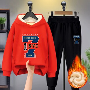 胖童连帽套头加绒童装加肥加大胖保暖卫衣男童10圆领宽松12岁套装