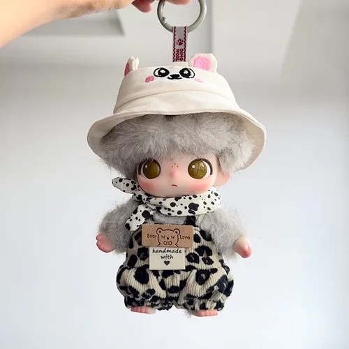 新品10cm 17cm娃衣可爱白熊帽子可爱豹纹背带裤dimoo搪胶挂件换装