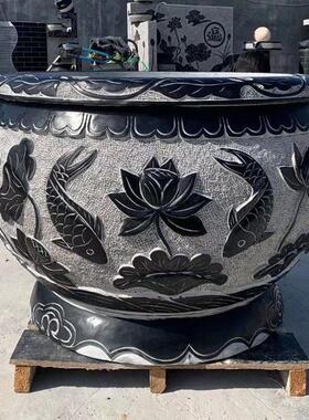 青石石雕鱼缸花盆养鱼圆缸户外庭院摆件大理石荷花缸厂家手工雕刻