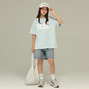 小女森女童夏季薄款复古水洗蓝牛仔中裤中大童不对称口袋直筒裤子