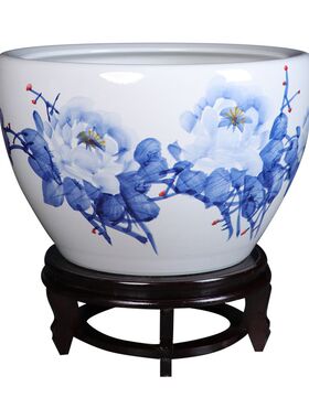 景德镇手绘青花瓷陶瓷金鱼缸客厅养乌龟睡莲盆荷花缸庭院室外水缸