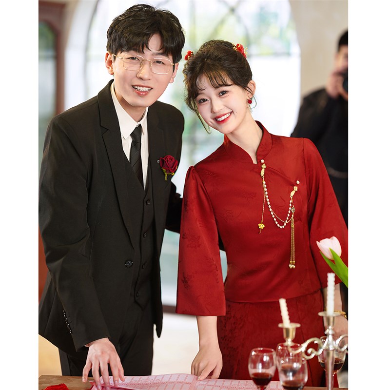 红色敬酒服新娘旗袍套装结婚当天便装回门新中式轻国风订婚礼服裙