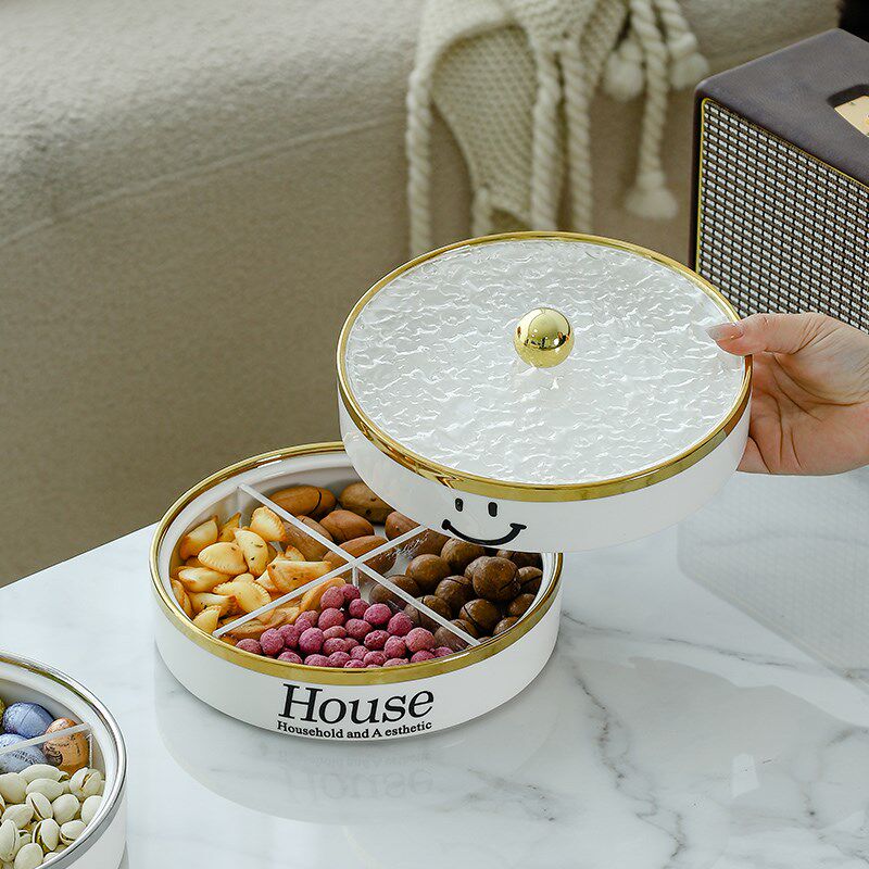 陶瓷果盘家用过年干果收纳盒瓜子糖果客厅茶几坚果零食带盖水果盘