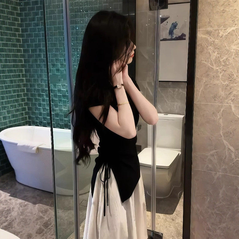 黑色不规则修身圆领正肩短袖t恤女夏季独特漂亮掐腰冰丝针织上衣