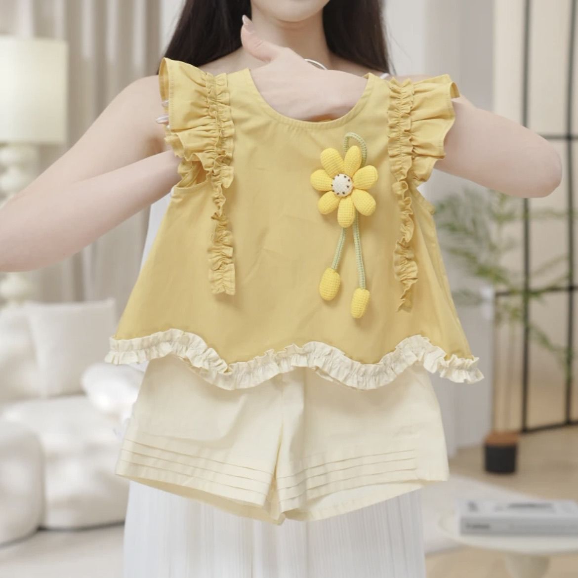 女童夏季套装黄色立体花朵短袖短裤无袖两件套新款洋气花边宝宝服