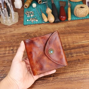 男士全牛皮小钱包男短款折叠软皮复古手工真皮钱夹女小款超薄小巧