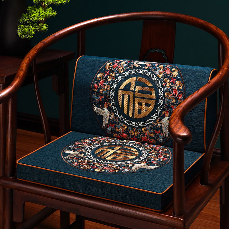 新中式坐垫红木沙发椅子垫中国风亚麻刺绣加厚实木圈椅太师椅垫子
