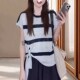 不规则开叉收腰绑带条纹冰丝针织T恤女2025夏季 轻薄透气罩衫 上衣