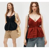 现货时髦 舒适有型 韩系x细肩带松紧缩褶廓形感吊带背心上衣女