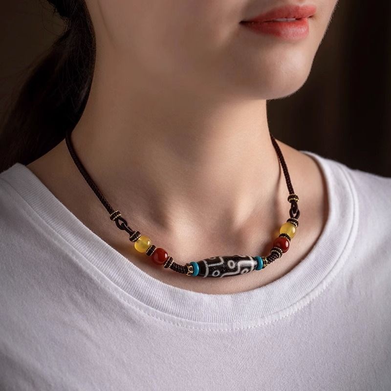 西藏天珠锁骨链手工项链九眼天珠挂绳项链吊坠复古民族风藏式毛衣