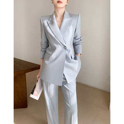 蓝色休闲西装套装女秋冬高级感职业正装气质小个子阔腿裤西服外套