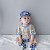 2件套装 夏装 男童男宝婴幼儿宝宝卡通短袖 T恤格子包包裤 新款 韩版