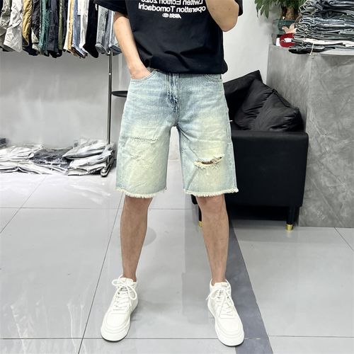 毛边破洞牛仔短裤男2025夏季新款时尚做旧复古五分裤男士夏天中裤