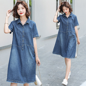 新款 中长款 2021韩m版 夏装 大码 宽松休闲女装 磨白知性短袖 牛仔连衣