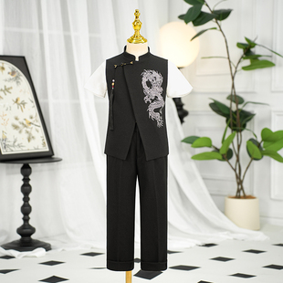 儿童西装套装2024新款夏季主持人礼服男童中式黑色钢琴演出服生日