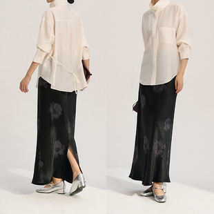 张小某显瘦梨形定制 春秋纯醋酸缎面印花微褶皱肌理感鱼尾裙Q1025