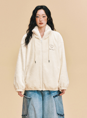 【DNA官方】毛绒外套25年秋冬仿兔毛刺绣保暖宽松立领开衫外套女